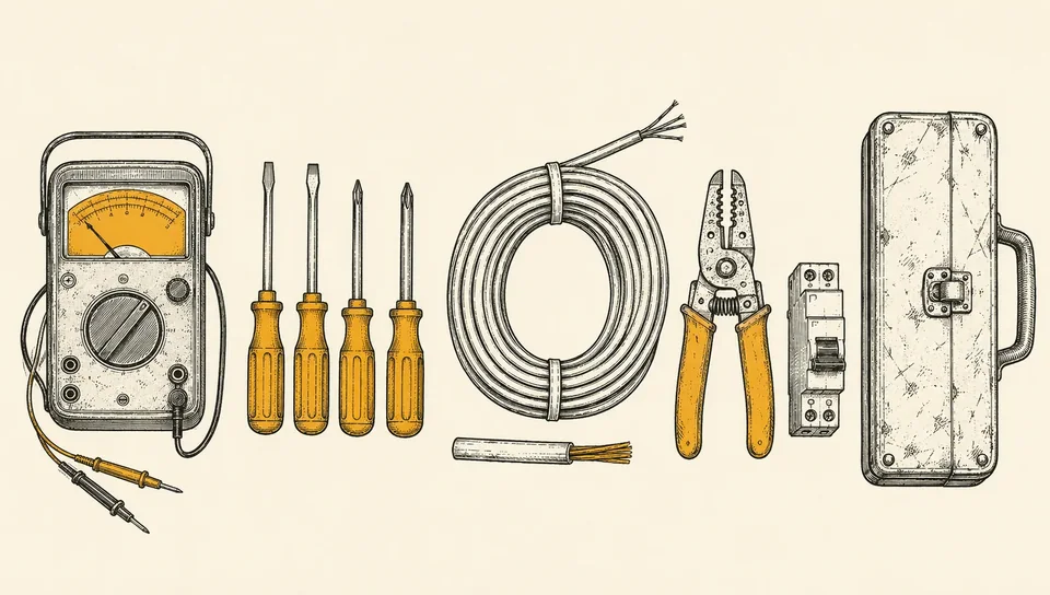 Ilustrație de atelier cu multimetru, șurubelnițe, cablu, clește și componente electrice